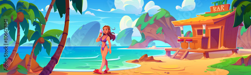 Young woman eating ice cream on summer beach. Vector cartoon illustration of girl in swimsuit, wooden bar house, tropical landscape with palm trees, rocky stones in sea water, blue sky with clouds photo