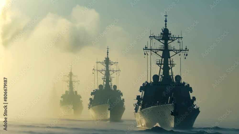 Several ships sail gracefully on the expansive body of water, creating a captivating scene, A row of large, imposing navy destroyers in stark contrast with a peaceful, cloudless sky Several ships sail gracefully on the expansive body of water, creating a captivating scene, A row of large, imposing navy destroyers in stark contrast with a peaceful, cloudless sky