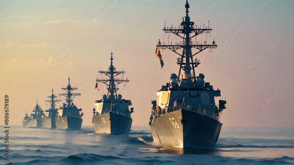 Group of Ships in Close Proximity on the Water, A row of large, imposing navy destroyers in stark contrast with a peaceful, cloudless sky Group of Ships in Close Proximity on the Water, A row of large, imposing navy destroyers in stark contrast with a peaceful, cloudless sky
