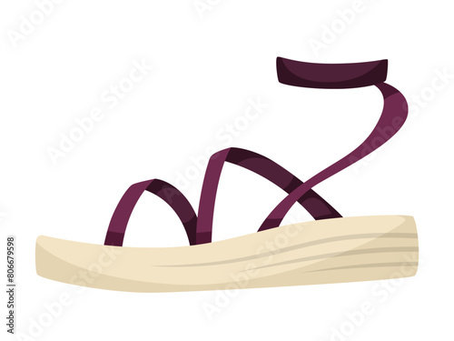 A flat vector illustration of a stylish sandal with violet straps on a plain background, depicting fashion. Vector illustration