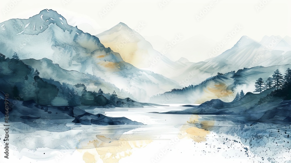 Watercolor illustration of a mountain landscape with a flowing river, the natural beauty providing comfort and tranquility to patients