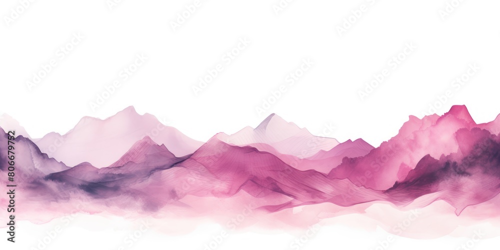 Magenta tones watercolor mountain range on white background with copy space display products blank copyspace for design text photo website web banner 