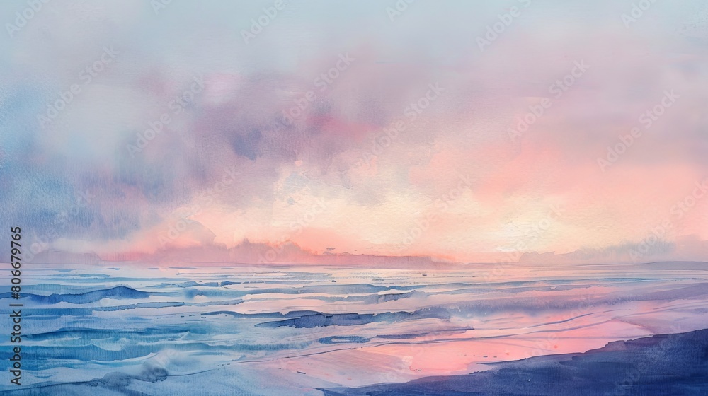 Watercolor illustration of a quiet beach scene at dusk, the soft hues of lavender and pink creating a relaxing atmosphere in the clinic