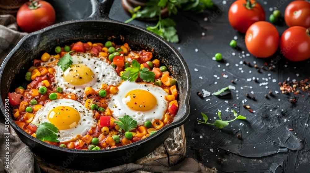 Fried eggs in skillet with tomatoes and herbs