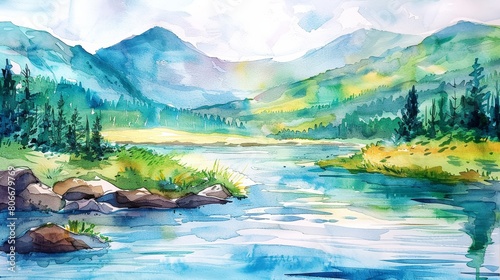 Watercolor illustration of a mountain landscape with a flowing river, the natural beauty providing comfort and tranquility to patients