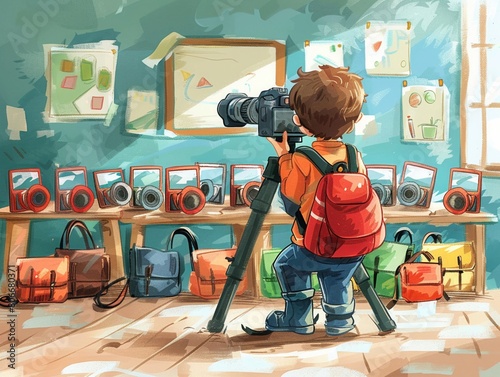 30 Illustration of a school photographer taking class pictures photo