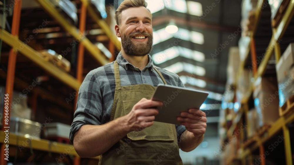 Smiling Warehouse Worker with Tablet