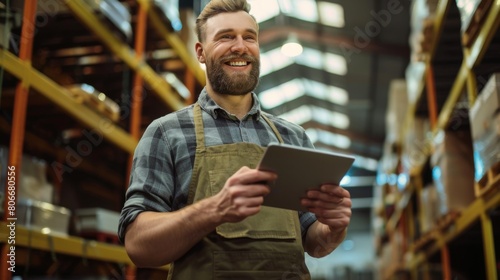 Smiling Warehouse Worker with Tablet