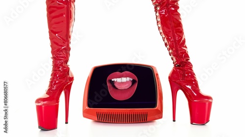 female legs in red high heel stilettos and retro television