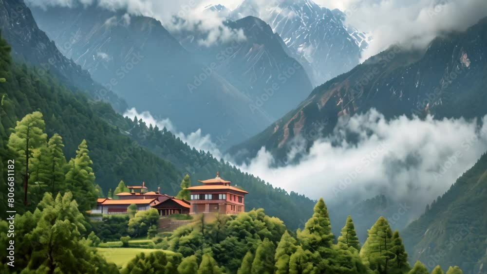 A majestic mountain with a house standing proudly on its peak, surrounded by rugged terrain and a sweeping vista of the landscape, A secluded monastery in the Tibetan mountains A majestic mountain with a house standing proudly on its peak, surrounded by rugged terrain and a sweeping vista of the landscape, A secluded monastery in the Tibetan mountains