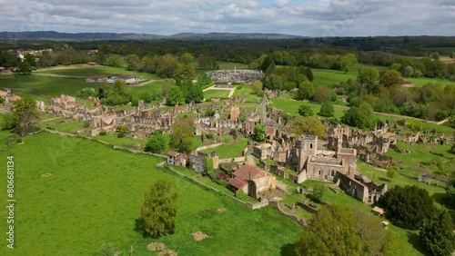 Ruins of Oradour-sur-Glane old village, Haute-Vienne department, New Aquitaine in France. Aerial drone panoramic view photo