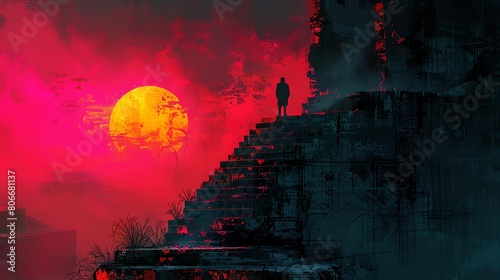 Design a pixel art representation of a historical event from a low-angle viewpoint, enhance the eerie factor with glitch art techniques adding a sense of horror Embrace graphic design trends by incorp