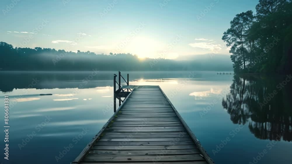 A dock built on stilts is seen sitting in the water as sailboats are nearby, A serene and peaceful waterfront setting for a meditation podcast A dock built on stilts is seen sitting in the water as sailboats are nearby, A serene and peaceful waterfront setting for a meditation podcast