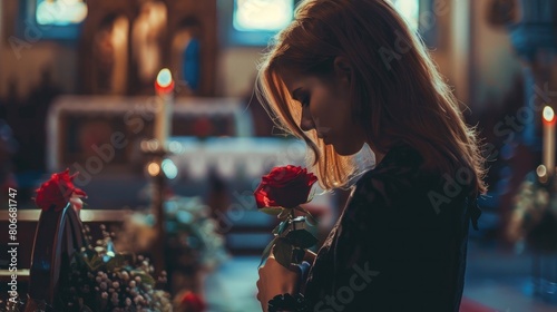 Funeral, sad and woman with flower on coffin after loss of a loved one, family or friend, Grief, death and young female putting a rose on casket in church with sadness, depression and mourning © Manzoor