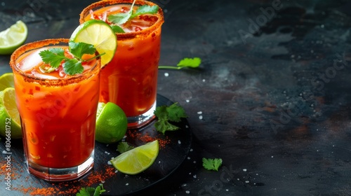 Two glasses of Mexican Micheladas with lime slices and garnish on a table photo