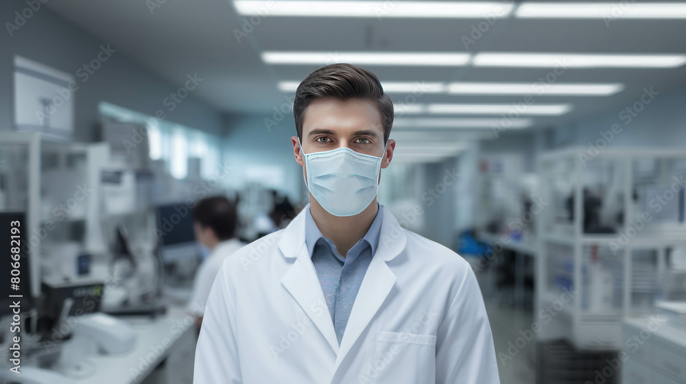 Doctors or researchers wearing protective masks in a lab at a hospital, Medical technology research institute
