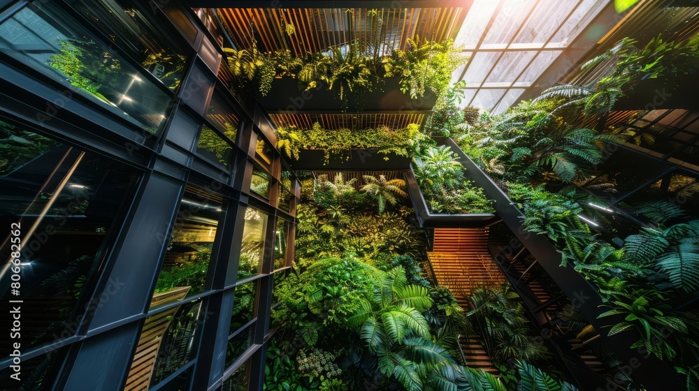 Design an innovative office space that incorporates a lush indoor garden with a modern industrial aesthetic Design an innovative office space that incorporates a lush indoor garden with a modern industrial aesthetic