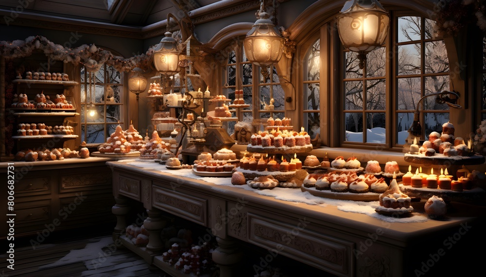 A panoramic shot of a bakery with fruit and cakes on display