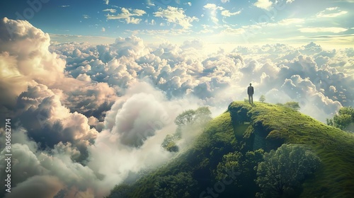 A man stands on a mountaintop  looking out over a vast sea of clouds. The sky is blue  the sun is shining  and the air is still. The man is at peace.
