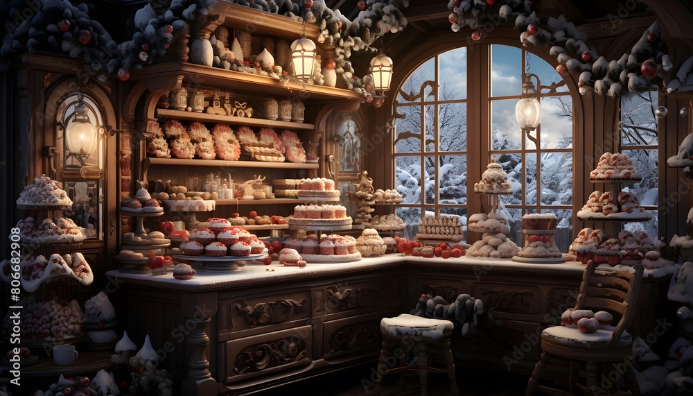 Christmas sweets in the shop window at night. 3d illustration.