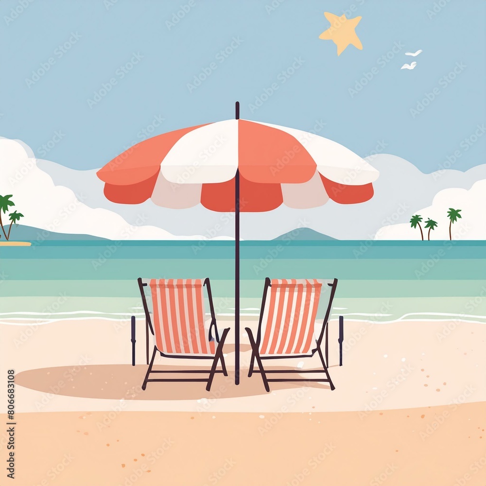 beach chairs and umbrellas,beach banner a peaceful seascape with soft white sands chairs and a colorful umbrella, the tranquility of travel and tourism wide panoramic vista.