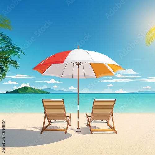 beach chairs and umbrella beach banner a peaceful seascape with soft white sands chairs and a colorful umbrella  the tranquility of travel and tourism wide panoramic vista.
