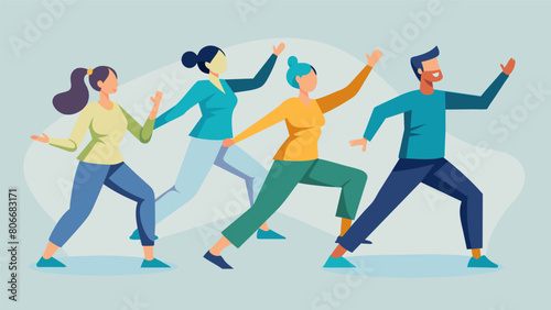 A tai chi class focused on slow and graceful movements to aid in balance flexibility and physical rehabilitation.. Vector illustration