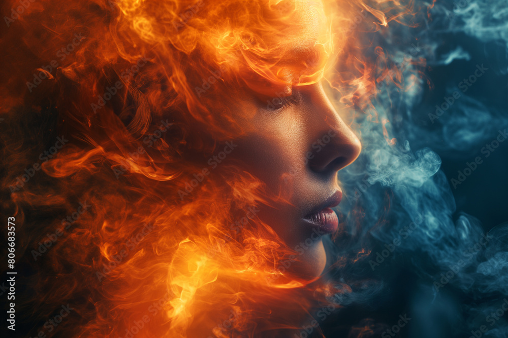 A woman's face is shown with smoke and fire surrounding her A woman's face is shown with smoke and fire surrounding her