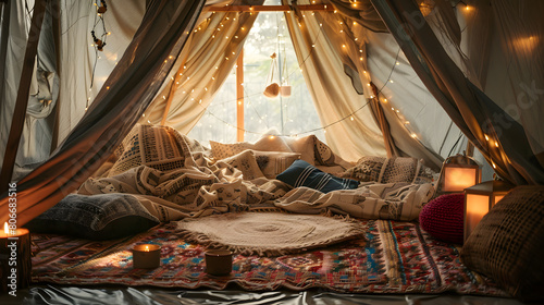 Tent with pillows and blanket on the bed in the room photo
