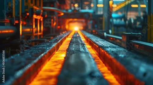 Glowing Hot Steel Bars on Production Line in Factory,A striking image of glowing hot steel bars moving along a production line in an industrial factory, showcasing the intense heat and manufacturing 