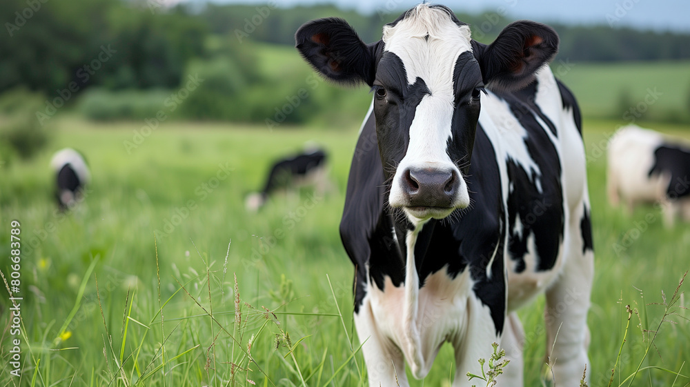 Holstein cow in a field. Close-up of a Holstein cow standing in a green field with more cows in the background. AI generative.. Holstein cow in a field. Close-up of a Holstein cow standing in a green field with more cows in the background. AI generative..