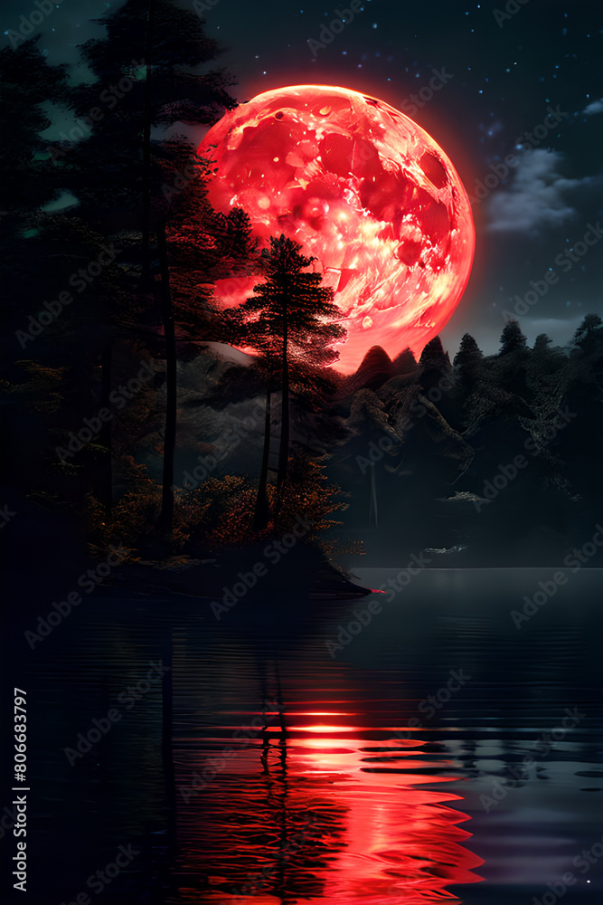 Scary landscape with a red moon from a horror movie.