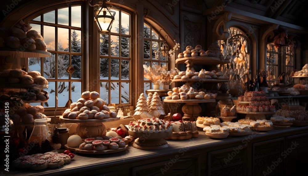A wide shot of a selection of pastries in a shop window