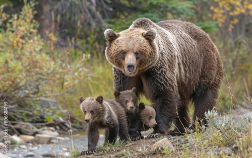 A Grizzly Mother Tenderly Caring for Her Cubs, Generative ai.
