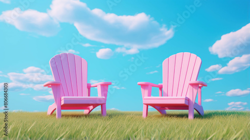 Comfortable relaxing pink chairs for a perfect summer day with a grassy field view for a peaceful scene