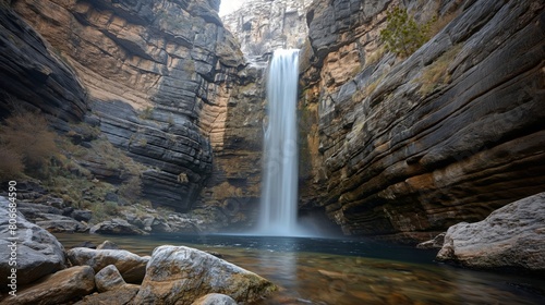 Image of a breathtaking waterfall descending into a serene rock-lined pool  showcasing nature s grandeur