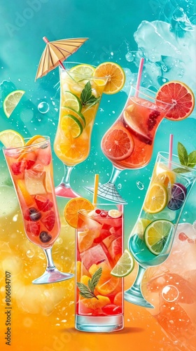 Vertical AI illustration vibrant summer cocktail collection with fresh fruits. Concept drink.