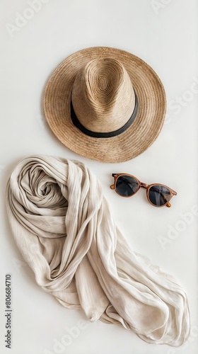 Vertical AI illustration summer accessories set with straw hat, scarf, and sunglasses. Lifestyle.