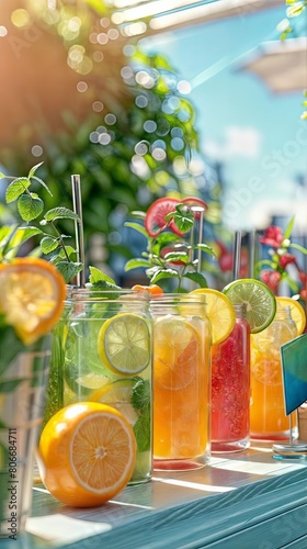 Vertical AI illustration refreshing summer drinks in glass jars on a sunny day. Concept drink.