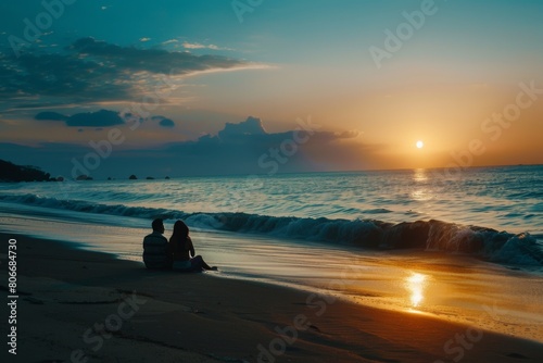 Couple watching sunset on beach shore