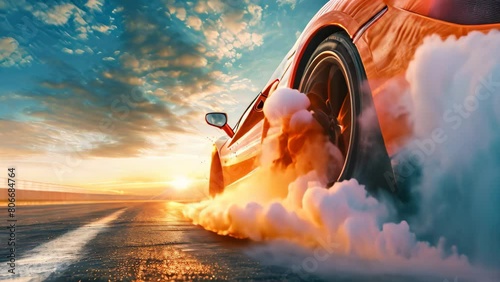An orange sports car releases thick smoke while in motion, A sports car burning rubber as it speeds off the start line photo