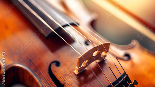 Close-up of a violin. Detailed close-up of a violin focusing on the strings and bridge, highlighted by warm lighting. AI generative..