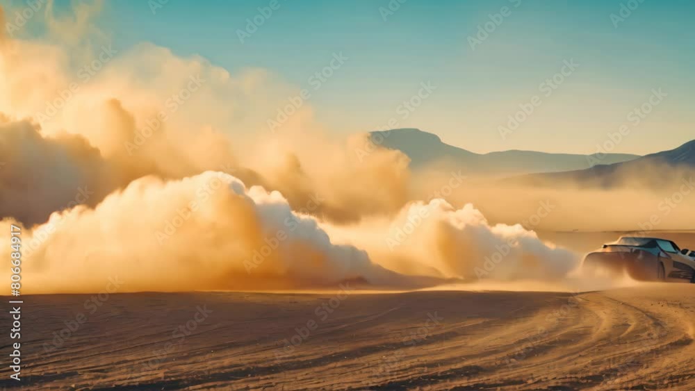 A car drives through a dusty desert, creating a trail of dust behind it, A sports car leaving a trail of dust as it races across a desert track