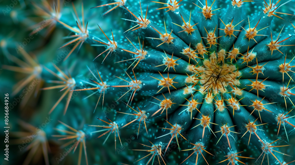 Obraz premium Close-up of a turquoise cactus. Macro photography of a turquoise cactus with sharp orange spines and a detailed pattern. AI generative..