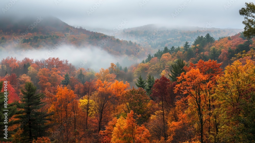 Serene view of a mist-covered valley with trees displaying vibrant autumn colors