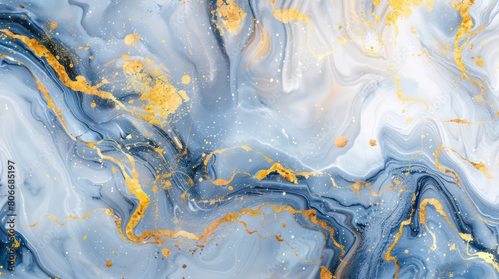 Fototapeta premium A beautiful abstract painting with blue, white and gold swirls, an elegant background.