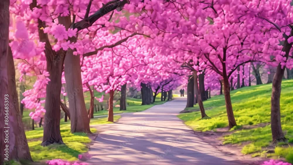 A picturesque street adorned with pink-flowering trees, creating a beautiful scene, A spring harmony of blossoming redbud trees lining a path in a city park