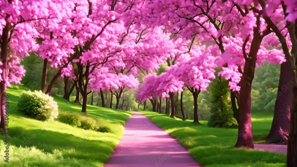 A pathway, surrounded by trees with pink flowers, leading through a serene natural landscape, A spring harmony of blossoming redbud trees lining a path in a city park