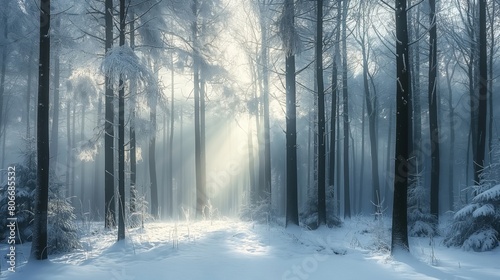 Tranquil winter scene: frosty forest sunrise with serene sunbeams and misty morning light rays amidst the snow-covered trees in the peaceful and serene natural beauty of the cold, tranquil woods © Татьяна Евдокимова