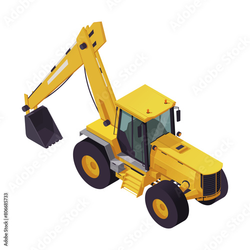 Yellow excavator illustration, cartoon style, on plain background, concept of construction machinery. Vector illustration